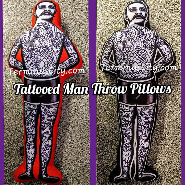 Large Tattooed Man Freakshow Sideshow Pillow - Red